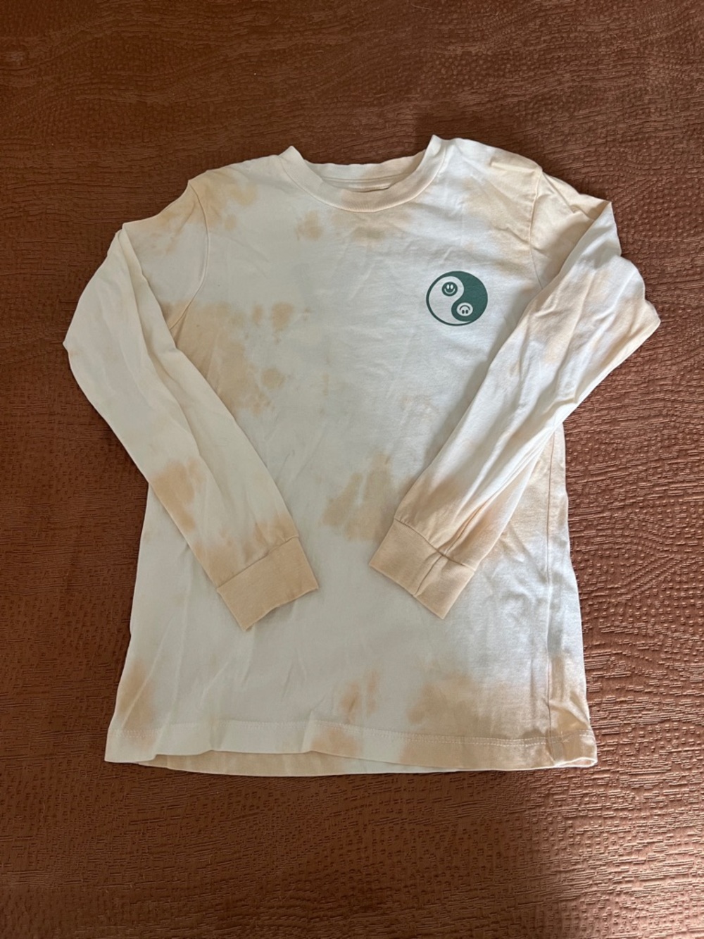 Kids' Long Sleeve Cream Tie-Dye Tee with Green Yin Yang Graphic